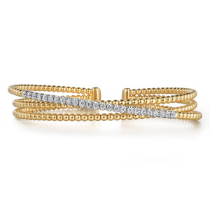 Gabriel & Co. BG4802-6M45JJ 14 karat white and yellow gold Bujukan bangle, front view of layered bead strands crossed by a slanted line of small round diamonds