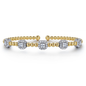 Gabriel & Co. BG4866-6M45JJ 14 karat white and yellow gold Bujukan bangle, front view of the open cuff with a row of octagonal halo stations along the bead strand