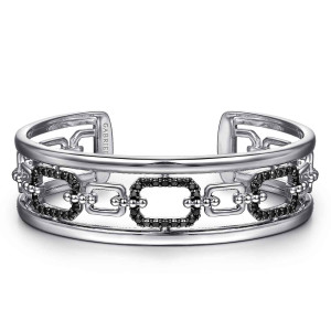 Gabriel & Co. BG4884-57SVJBS sterling silver Bujukan bangle, front view of the open cuff with black stone outlined links between two polished rails