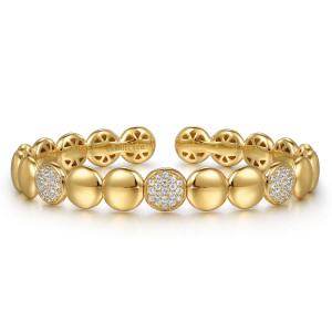 Gabriel & Co. BG4937-62Y45JJ 14 karat yellow gold Contemporary bangle, front view of domed polished discs with three pave diamond discs and open backs at the ends