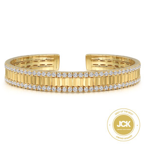 Gabriel & Co. BG4938-62Y45JJ 14 karat yellow gold Contemporary bangle, front view of the ribbed center strip framed by prong set diamonds and flat end plates