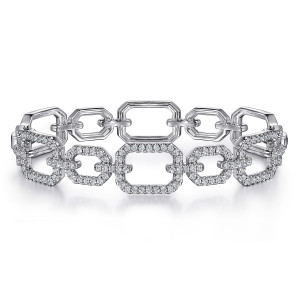 Gabriel & Co. BG4953-62W45JJ 14 karat white gold Lusso bangle, front view of alternating large and small open frames edged with diamonds