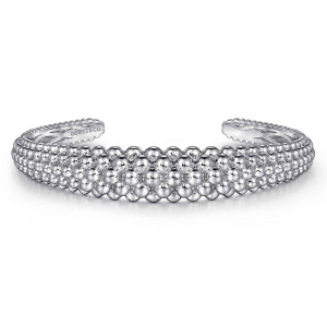 Gabriel & Co. BG4956-57SVJJJ sterling silver Bujukan bangle, front view of the domed crown covered in packed rows of polished metal beads