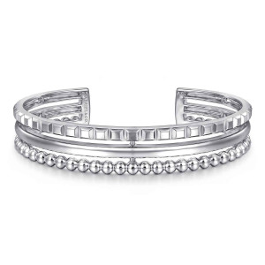 Gabriel & Co. BG4958-57SVJJJ sterling silver Bujukan bangle, front view of three strips, faceted square blocks above a smooth strip and a bead row