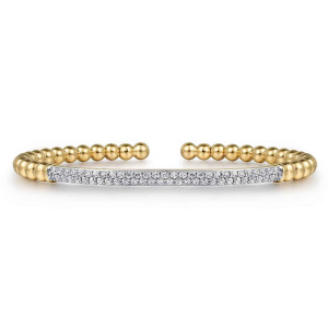Gabriel & Co. BG4966-57Y45JJ 14 karat yellow gold Bujukan bangle, front view of a curved bar of two diamond rows set between sides of rounded beads