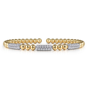 Gabriel & Co. BG4974-57M45JJ 14 karat white and yellow gold Bujukan bangle, front view of three two-row pave bars between runs of large polished beads
