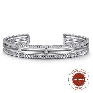 Gabriel & Co. BG5014-57SVJWS sterling silver Bujukan bangle, front view of the open cuff with beaded edge, smooth band and stone edge side by side