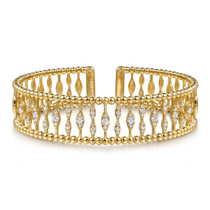 Gabriel & Co. BG5018-6Y45JJ 14 karat yellow gold Bujukan bangle, front view of upright bars alternating single and double diamond lozenges between bead rails