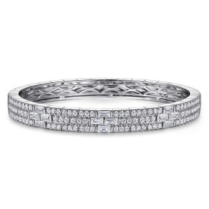 Gabriel & Co. BG5020-62W44JJ 14 karat white gold Lusso bangle, front view of the close diamond rows with baguette groups and the lattice inside