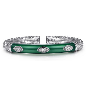 Gabriel & Co. BG5023EQSVJWS sterling silver Bujukan bangle, front view of the dark green bar with three metal rimmed frames and short polished collars