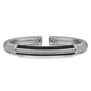 Gabriel & Co. BG5025E8SVJWS sterling silver Bujukan bangle, front view of the black enamel bar with its row of small colorless stones