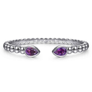 Gabriel & Co. BG5027-57SVJAM sterling silver Bujukan bangle, front view of the two purple pear stones facing each other across the open gap