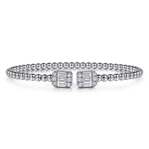 Gabriel & Co. BG5031-62W44JJ 14 karat white gold Bujukan bangle, front view of rectangular caps of baguette and round diamonds meeting at the gap in a bead band