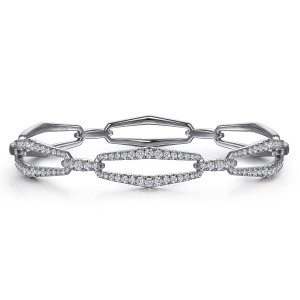 Gabriel & Co. BG5042-62W45JJ 14 karat white gold Lusso bangle, front view of the long open links, the front ones edged with small diamonds