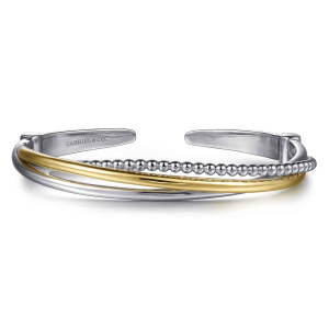 Gabriel & Co. BG5043-57MZJJJ sterling silver and 14 karat yellow gold Bujukan bangle, front view of the open cuff with a smooth warmer band crossing a beaded strand