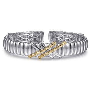 Gabriel & Co. BG5045-57MZJJJ sterling silver and 14 karat yellow gold Bujukan bangle, front view of the open ridged cuff with beaded bars crossing at the front