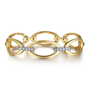 Gabriel & Co. BG5071-62M45JJ 14 karat white and yellow gold Contemporary bangle, front view of open polished oval links joined by short bars set with a row of diamonds