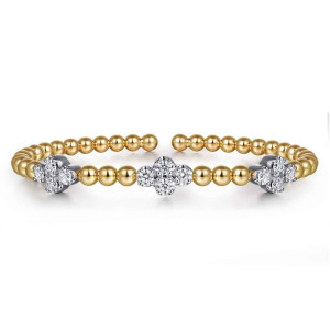 Gabriel & Co. BG5075-57M45JJ 14 karat white and yellow gold Bujukan bangle, front view of three clover shaped diamond clusters between plain beads