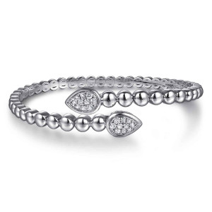 Gabriel & Co. BG5096-57SVJWS sterling silver Bujukan bangle, front view of the bypass ends with teardrop shaped tips set with small colorless stones