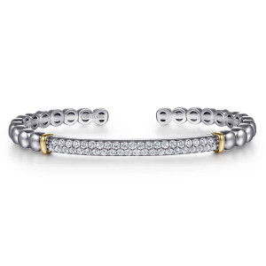 Gabriel & Co. BG5099-57MZJWS sterling silver and 14 karat yellow gold Bujukan bangle, top view of the open cuff with the stone bar centered between two small end bands