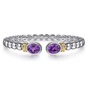 Gabriel & Co. BG5101-57MZJAM sterling silver and 14 karat yellow gold Bujukan bangle, front view of the two purple oval stones and their small collars at the gap