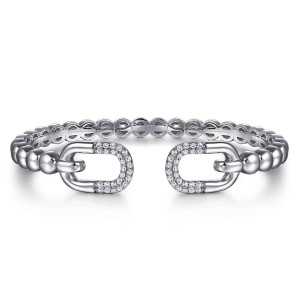 Gabriel & Co. BG5107-57SVJWS sterling silver Bujukan bangle, front view of the open bead row with a pave oval frame at each end