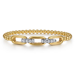 Gabriel & Co. BG5121-6M45JJ 14 karat white and yellow gold Bujukan bangle, front view of three open rounded links joined by diamond-set bars on the beaded band