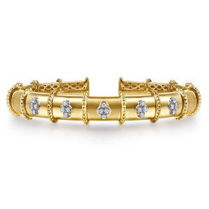 Gabriel & Co. BG5123-6M45JJ 14 karat white and yellow gold Bujukan bangle, front view of the polished band with a row of diamond clusters between beaded rings