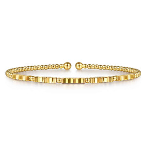 Gabriel & Co. BG5137-57Y4JJJ 14 karat yellow gold Bujukan bangle, front view of notched curved bars alternating with single round beads