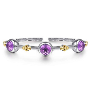 Gabriel & Co. BG5144-57MZJAM sterling silver and 14 karat yellow gold Bujukan bangle, front view of the open cuff, three round purple stones with bead clusters between them