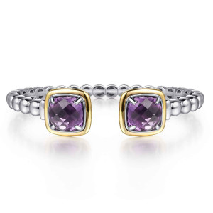 Gabriel & Co. BG5147-57MZJAM sterling silver and 14 karat yellow gold Bujukan bangle, front view of an open beaded cuff with two purple stones in squared frames facing each other