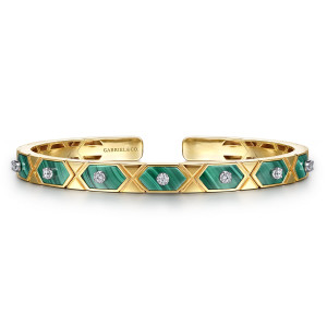 Gabriel & Co. BG5152-62M45MA 14 karat white and yellow gold Contemporary bangle, front view of green hexagon panels with one small stone each, separated by polished X links