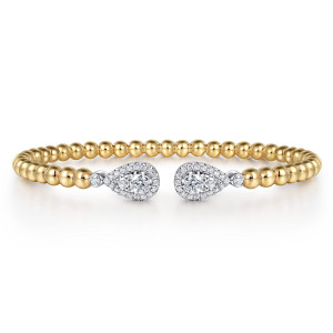 Gabriel & Co. BG5156-6M45JJ 14 karat white and yellow gold Bujukan bangle, front view of the two teardrop halo stations facing each other above the bead band
