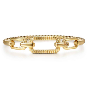 Gabriel & Co. BG5179-57Y4JJJ 14 karat yellow gold Bujukan bangle, front view of the ridged center link and two smooth links with a folding latch at the right