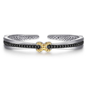 Gabriel & Co. BG5199-57MZJBS sterling silver and 14 karat yellow gold Bujukan bangle, front view of the open cuff with a gap between pierced ends and a beaded knot