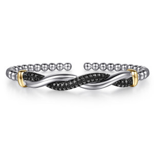 Gabriel & Co. BG5201-57MZJBS sterling silver and 14 karat yellow gold Bujukan bangle, front view of the open beaded cuff with a twisted ribbon around black pave stones