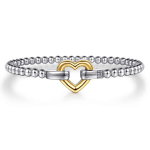 Gabriel & Co. BG5204-57MZJJJ sterling silver and 14 karat yellow gold Bujukan bangle, front view of the open heart between two flat clasp blocks at the end of the bead row