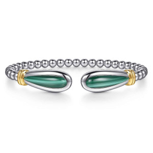 Gabriel & Co. BG5214-57MZJMA sterling silver and 14 karat yellow gold Bujukan bangle, front view of the split cuff with banded green drop stones in polished frames and ribbed collars