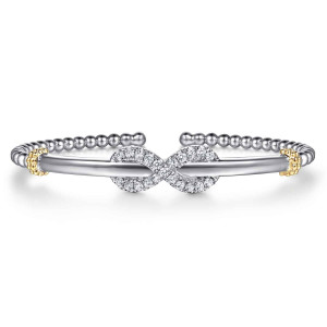Gabriel & Co. BG5225-57MZJWS sterling silver and 14 karat yellow gold Bujukan bangle, front view of the open beaded cuff with a pave infinity loop on a polished bar