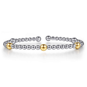 Gabriel & Co. BG5229-57MZJJJ sterling silver and 14 karat yellow gold Bujukan bangle, front view of the beaded cuff, a larger warm bead in the middle and one toward each side