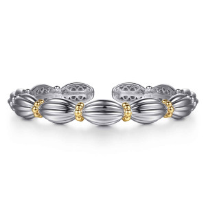Gabriel & Co. BG5230-57MZJJJ sterling silver and 14 karat yellow gold Bujukan bangle, front view of fluted oval links joined by warm bead rings across the front