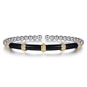 Gabriel & Co. BG5231E857MZJJJ sterling silver and 14 karat yellow gold Bujukan bangle, front view of the black enamel bar between collars of tiny warm toned beads