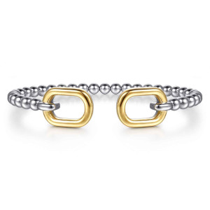 Gabriel & Co. BG5233-57MZJJJ sterling silver and 14 karat yellow gold Bujukan bangle, front view of the beaded cuff with both hollow oval ends facing each other across the gap