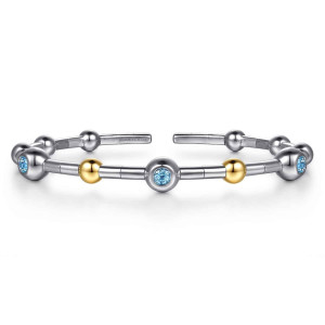Gabriel & Co. BG5239-57MZJBT sterling silver and 14 karat yellow gold Bujukan bangle, front view of a segmented bar cuff, three light blue stones in ball settings with two warm balls