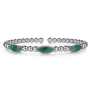 Gabriel & Co. BG5248-57SVJMA sterling silver Bujukan bangle, front view of three streaked green pointed ovals separated by polished beads