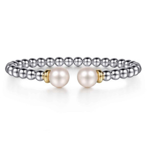 Gabriel & Co. BG5259-57MZJPL sterling silver and 14 karat yellow gold Bujukan bangle, front view of the open cuff with one pearl facing the other across the gap