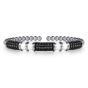 Gabriel & Co. BG5265E957SVJBS sterling silver Bujukan bangle, front view of black pave barrels alternating with white enamel panels and polished collars