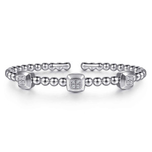 Gabriel & Co. BG5268-57SVJWS sterling silver Bujukan bangle, front view of three raised square stations spaced along the bead line, with a maker's mark inside