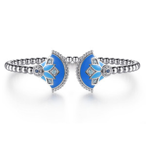 Gabriel & Co. BG5297EM57SVJMC sterling silver Bujukan bangle, front view of the two blue enamel fans with petal shapes facing across the gap