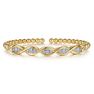Gabriel & Co. BG5355-57M45JJ 14 karat white and yellow gold Bujukan bangle, front view of the twisted ribbon framing pointed oval fields of pave diamonds